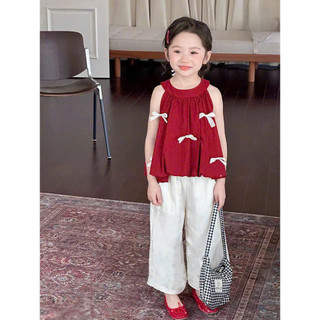 [B&G] Sét bộ áo đỏ cổ yếm đính nơ kèm quần suông mùa hè cho bé gái từ 13-45kg(2-12 tuổi)