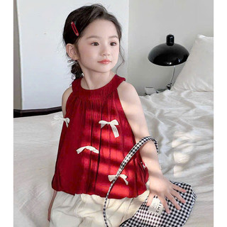 [B&G] Sét bộ áo đỏ cổ yếm đính nơ kèm quần suông mùa hè cho bé gái từ 13-45kg(2-12 tuổi)