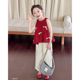 [B&G] Sét bộ áo đỏ cổ yếm đính nơ kèm quần suông mùa hè cho bé gái từ 13-45kg(2-12 tuổi)