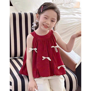 [B&G] Sét bộ áo đỏ cổ yếm đính nơ kèm quần suông mùa hè cho bé gái từ 13-45kg(2-12 tuổi)