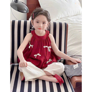 [B&G] Sét bộ áo đỏ cổ yếm đính nơ kèm quần suông mùa hè cho bé gái từ 13-45kg(2-12 tuổi)