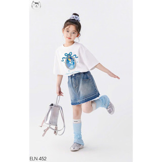 [B&G] Sét chân váy jean mềm phối cùng áo cotton thun trắng xinh cho bé gái từ 13-45kg(2-12 tuổi)