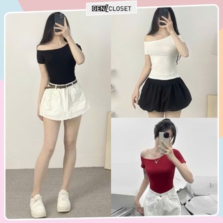 Áo thun lệch vai tay ngắn ôm body GenzCloset chất cotton co giãn 4 chiều phong cách retro tiểu thư