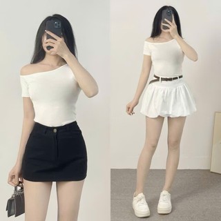 Áo thun lệch vai tay ngắn ôm body GenzCloset chất cotton co giãn 4 chiều phong cách retro tiểu thư