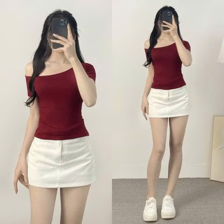 Áo thun lệch vai tay ngắn ôm body GenzCloset chất cotton co giãn 4 chiều phong cách retro tiểu thư