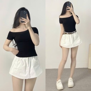 Áo thun lệch vai tay ngắn ôm body GenzCloset chất cotton co giãn 4 chiều phong cách retro tiểu thư