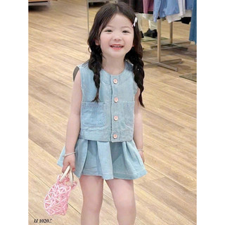 [B&G] Sét váy bò áo sát nách croptop kèm chân váy xếp ly cho bé gái từ 12-45kg(2-12 tuổi)