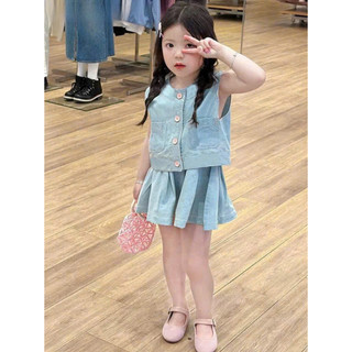 [B&G] Sét váy bò áo sát nách croptop kèm chân váy xếp ly cho bé gái từ 12-45kg(2-12 tuổi)