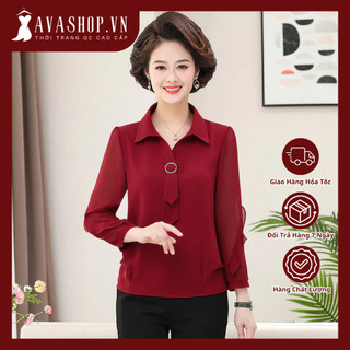 Bộ Đồ Voan Mùa Xuân Áo Sơ Mi Tay Dài Kết Hợp Quần Dáng Đứng Cho Mẹ AB37