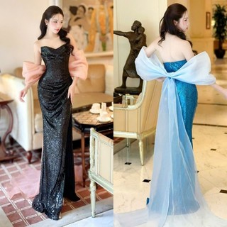 Đầm dạ hội kim sa cúp ngực kèm chòang nơ rời tặng hoa tai