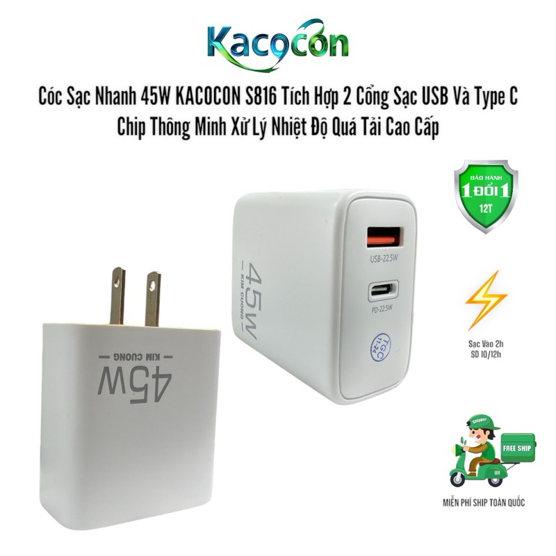 Cóc Sạc Nhanh 45W KACOCON S816 Tích Hợp 2 Cổng Sạc USB Và Type C Mỗi ...