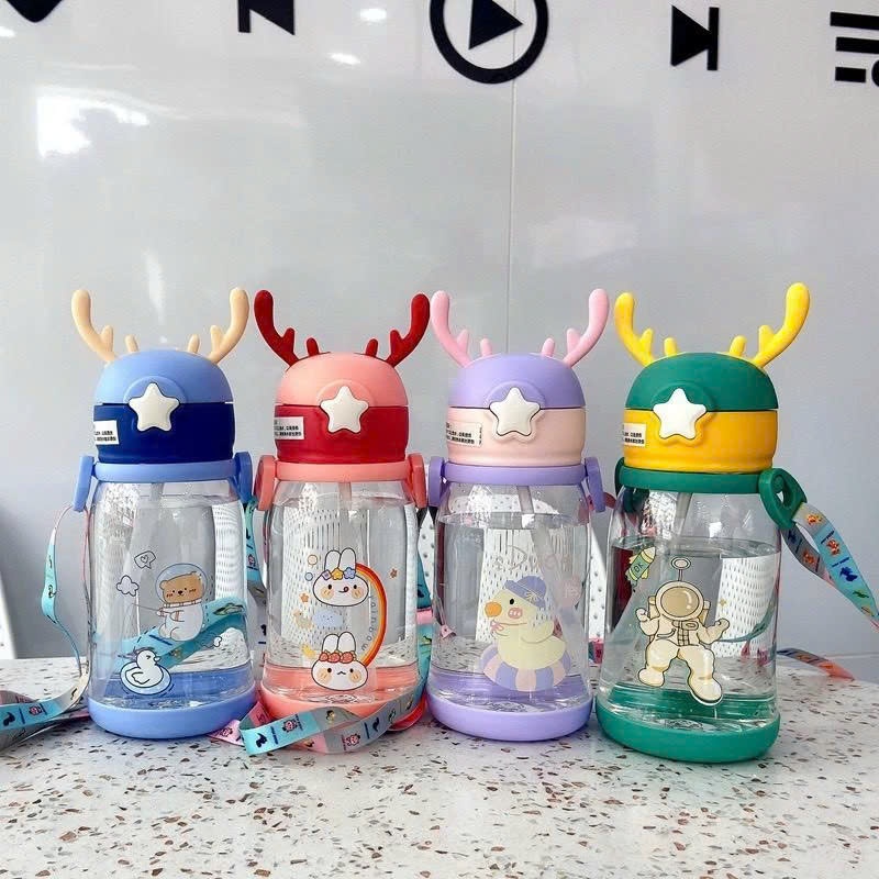 Bình Sừng Hươu Tuần Lộc Cho Bé Dung Tích 600ml, Bình Nước Đi Học Cute Cho Bé Trai Và Bé Gái,Làm Bình Pha Sữa Cho Bé.
