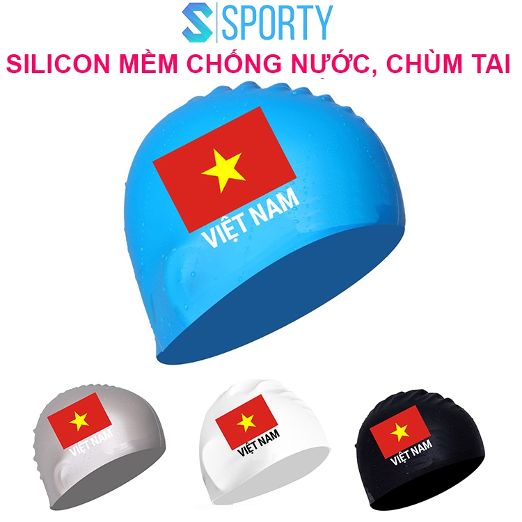 Mũ bơi người lớn silicone in Cờ Việt Nam chống nước tuyệt đối khi thi đấu CA40 chính hãng SPORTY