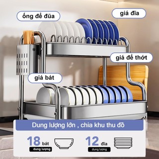 Gslife Kệ Chén Bát Inox Cao Cấp- Giá Để Bát Đĩa 2/3 Tầng, Kèm Giá Treo Nắp Nồi & Khay Úp Chén