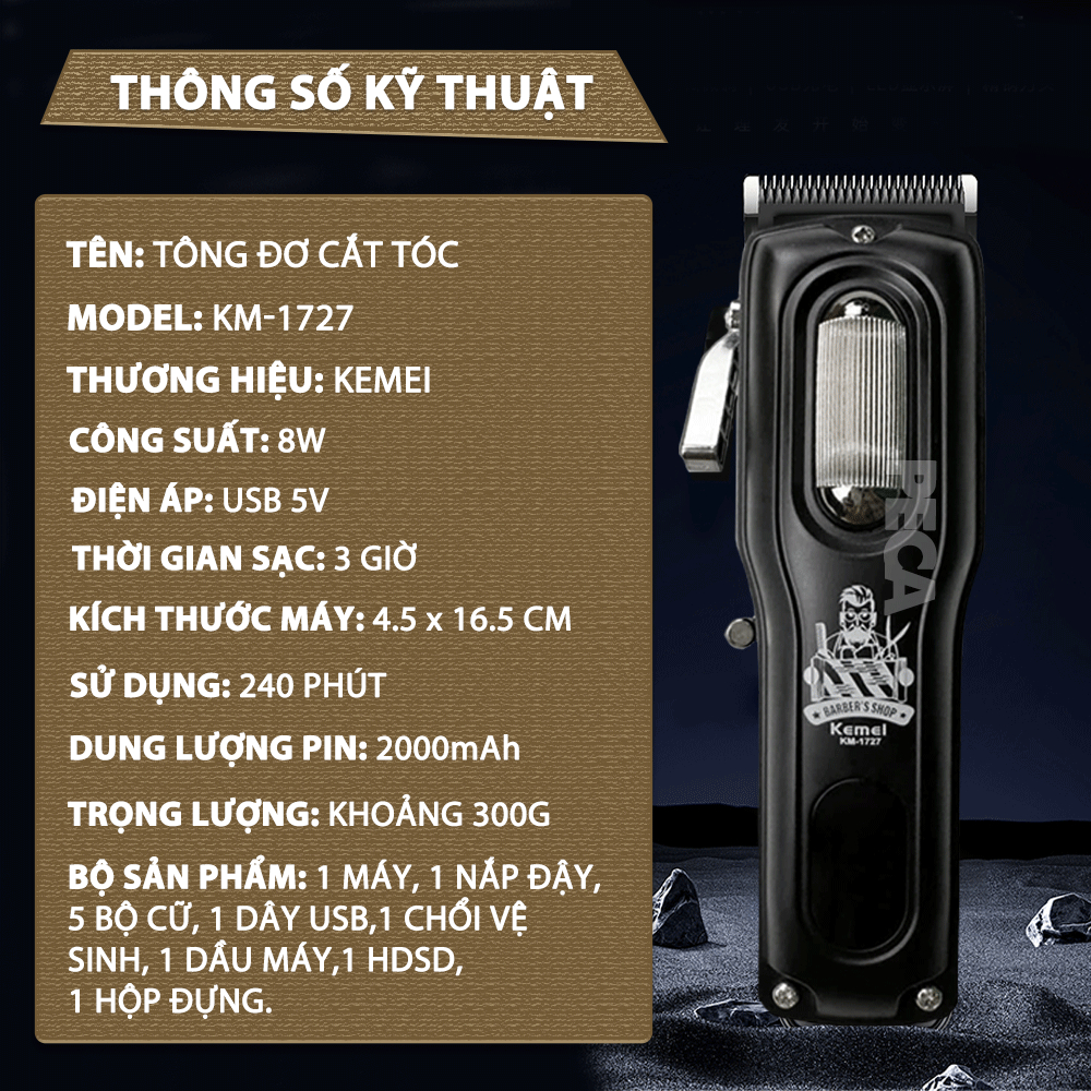 Ảnh Tông đơ cắt tóc chuyên nghiệp Kemei KM-1727 công suất mạnh 8W màn hình LCD sạc nhanh USB tiện lợi - Chính hãng 1