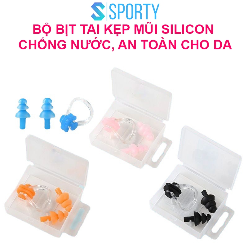 Bộ bịt tai kẹp mũi SPORTY EN nhiều màu kèm hộp đựng, đi bơi lội, lặn biển ngăn nước 100%