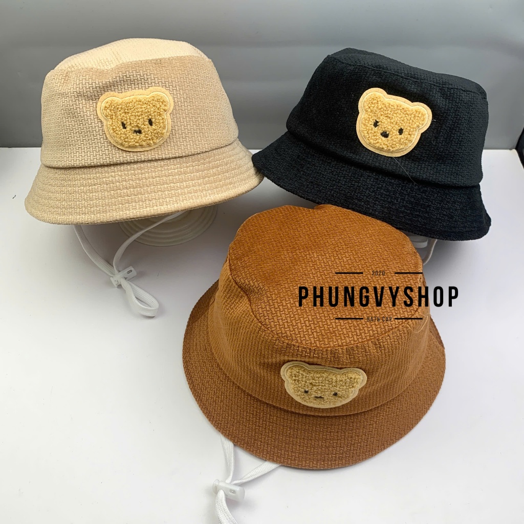 Bé 1-2 Tuổi_Mũ bucket nhung tai bèo vành trai gái trẻ em phungvyshop-nón / BO nhí nhung tuyết GẤU mặt LÔNG /