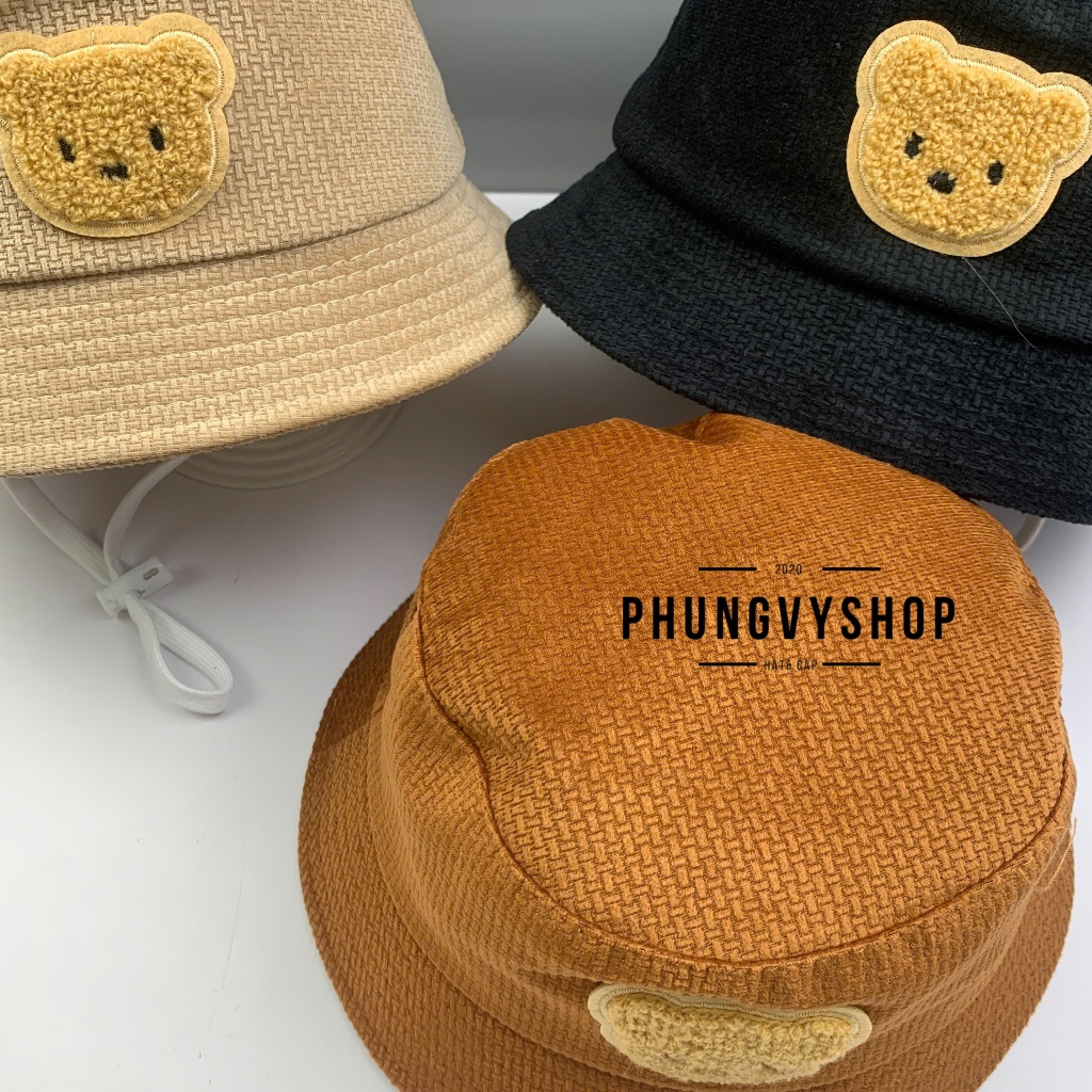 Bé 1-2 Tuổi_Mũ bucket nhung tai bèo vành trai gái trẻ em phungvyshop-nón / BO nhí nhung tuyết GẤU mặt LÔNG /