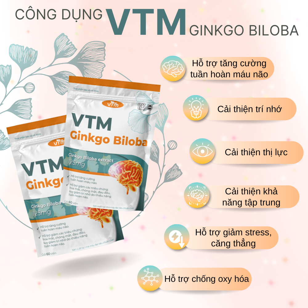 Viên uống bổ não VTM Ginkgo Biloba hỗ trợ cải thiện trí nhớ - 60 viên