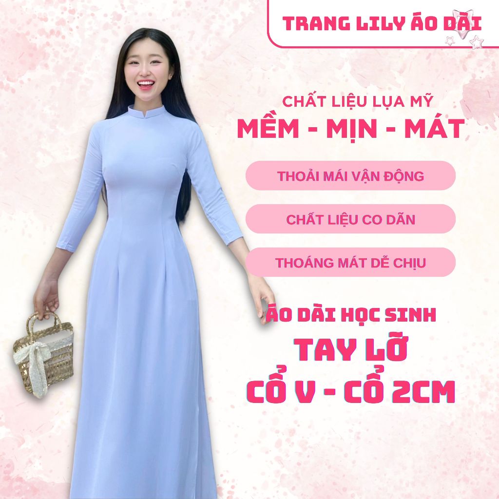 Áo dài trắng đồng phục học sinh cấp 3, chụp kỉ yếu, cổ V 2cm, tay lỡ, lụa mỹ - Trang Lily Áo Dài