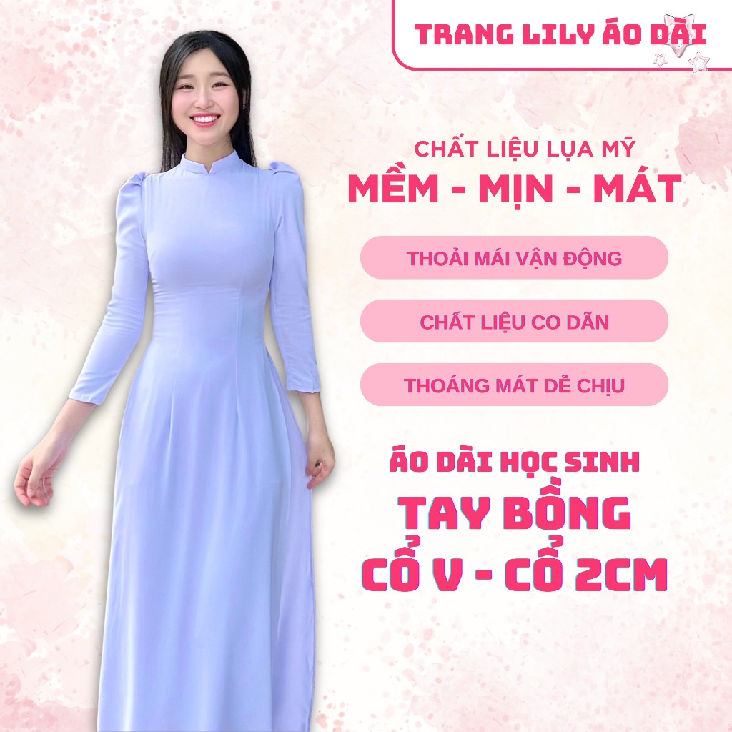 Áo dài trắng học sinh, vai bồng, tay phồng lỡ, lụa Mỹ cao cấp, đồng phục học sinh cấp 3 - Trang Lily Áo Dài