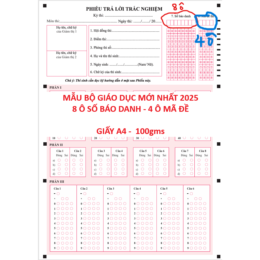 (NEWs) 100+1 tờ Phiếu thi trắc nghiệm THPT2025 - Mẫu Bộ GD mới nhất - 8 ô SBD,  4 ô mã đề -  A4 100gsm  2025 cv1239
