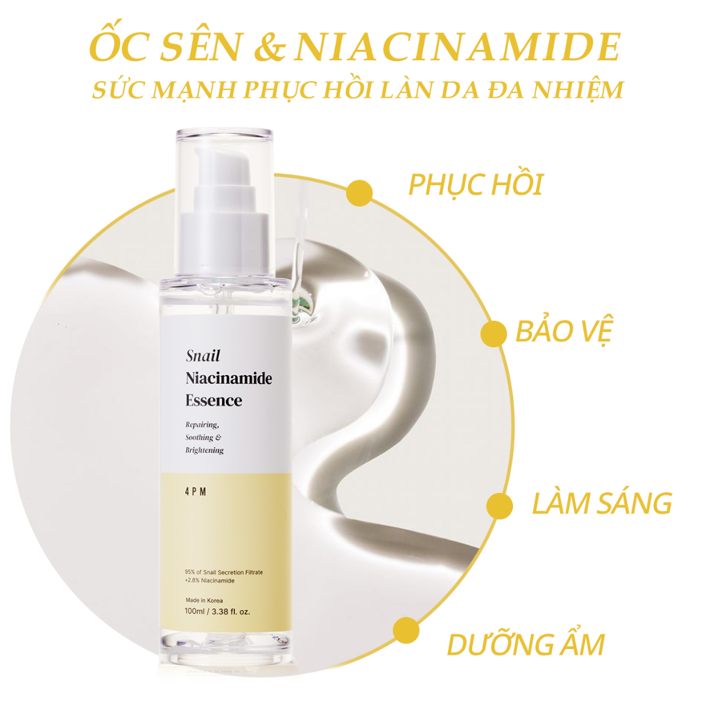 Ảnh Tinh Chất Phục Hồi Và Làm Dịu Da Chiết Xuất 95% Dịch Tiết Ốc Sên + 2,8% Niacinamide 4PM Snail Niacinamide Essence 100ml 2