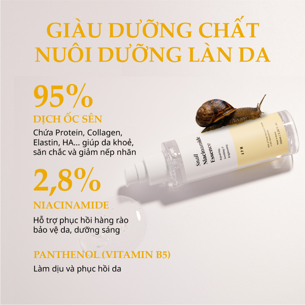 Ảnh Tinh Chất Phục Hồi Và Làm Dịu Da Chiết Xuất 95% Dịch Tiết Ốc Sên + 2,8% Niacinamide 4PM Snail Niacinamide Essence 100ml 3