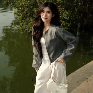 Áo khoác dạ nữ Forgirl áo khoác phối viền tay dáng ngắn croptop mùa thu đông T007