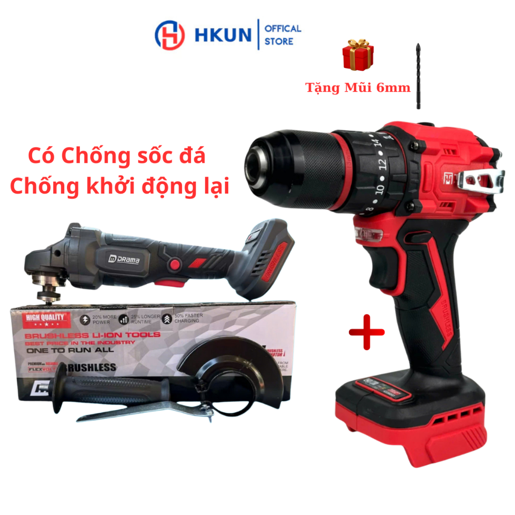 Combo Thân mài Drama 5122B Và Thân Khoan THRPO 7713 Đầu kẹp 13ly Động Cơ Không Chổi Than Lõi Đồng