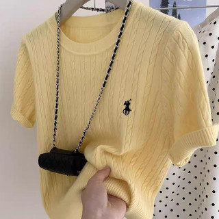 Áo len nữ cổ tròn cộc tay hình thêu ngựa len xoắn thừng chất len thỏ mềm mịn free size 388
