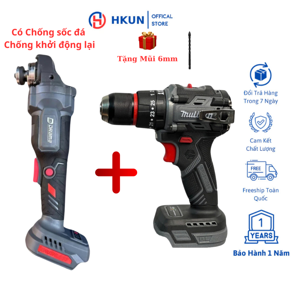Combo Thân mài Drama 5122B Và Thân Khoan Mulitan 3368 10ly Động Cơ Không Chổi Than Lõi Đồng