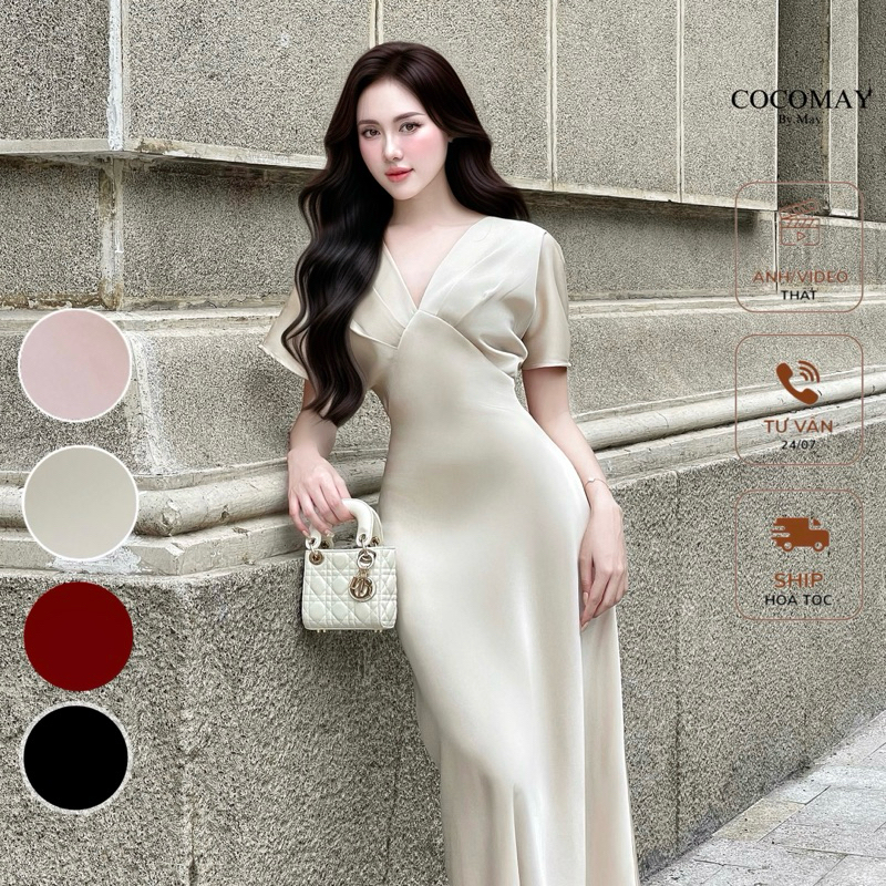 COCOMAY - Đầm lụa Maxi cổ V xếp dịu dàng mùa hè | Shopee Việt Nam