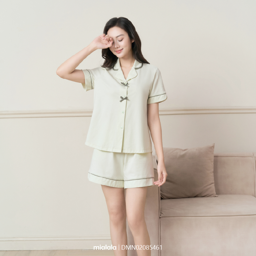 Ảnh Đồ mặc nhà Mialala chất cotton mềm mại thoáng mát pijama ngắn basic với nơ nhỏ ở nẹp cúc DMN02085461 3