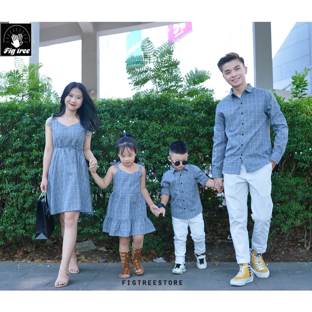 Đồ Gia Đình Fig Tree Sọc Caro Xám,  Áo Sơ Mi Nam, Yếm Nữ ( Ko kèm Áo Thun) Siêu Xinh MS 126A