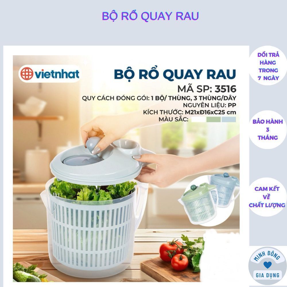 Rổ quay rau chính hãng làm ráo rau ngay tức thì, giữ được độ tươi lâu của thực phẩm Việt Nhật 3516