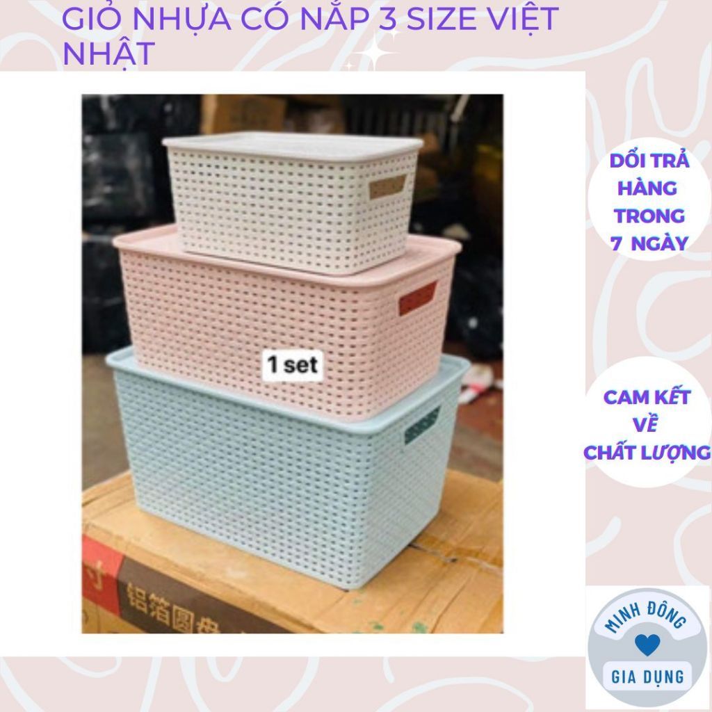 Giỏ Nhựa Có Nắp 3 Size Việt Nhật, Giỏ Đựng Đồ Đa Năng Tiết Kiệm Không Gian Nhà Bếp, Phòng Khách