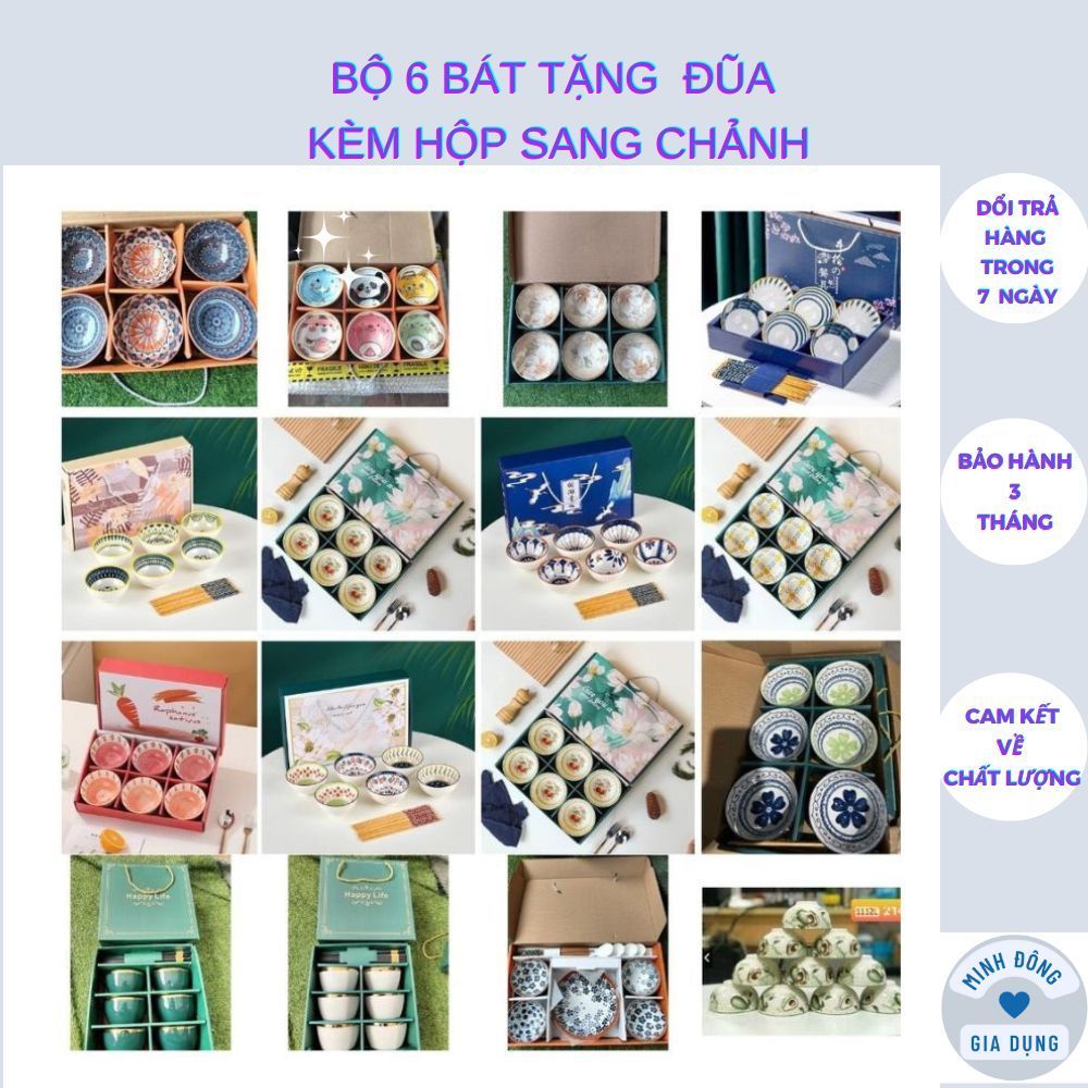 Bộ 6 bát đũa sứ ăn cơm HAPPY LIFE họa tiết vàng trắng kèm hộp tặng quà mang đi biếu gia đình và bạn bè