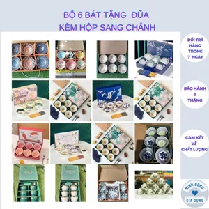 Bộ 6 bát đũa sứ ăn cơm HAPPY LIFE họa tiết vàng trắng kèm hộp tặng quà mang đi biếu gia đình và bạn bè