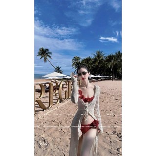 Set bikini cao cấp màu đỏ rực rỡ mix áo khoác maxi đẹp đỉnh cao dành cho nữ mặc đi biển sang chảnh - Baotrang.clothes