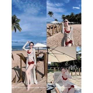 Set bikini cao cấp màu đỏ rực rỡ mix áo khoác maxi đẹp đỉnh cao dành cho nữ mặc đi biển sang chảnh - Baotrang.clothes