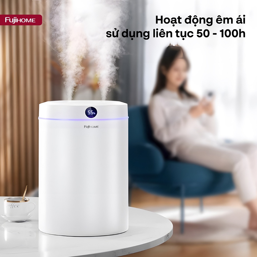 Máy phun sương tạo ẩm Nhập Khẩu FUJIHOME HM05B, Máy xông tinh dầu có màn hình Led hiển thị độ ẩm