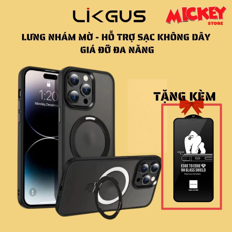 Ốp Likgus lưng mờ kèm ring hỗ sạc không dây cho IPhone 12Promax 13Promax 14Promax 15Promax 16Promax