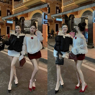 [S2.4001] Set Áo Tơ Bồng 2 Lớp Trễ Vai Tay Dài Kèm Tang Hoa Mix Chân Váy Chữ A 2 Màu