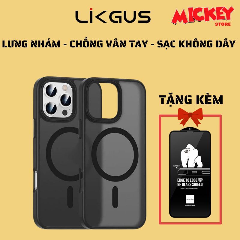 Ốp Likgus lưng nhám chống vân tay hỗ trợ sạc không dây cho IPhone 11 12 13 14 15 16Promax Pro