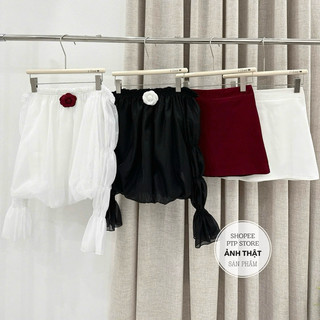 [S2.4001] Set Áo Tơ Bồng 2 Lớp Trễ Vai Tay Dài Kèm Tang Hoa Mix Chân Váy Chữ A 2 Màu