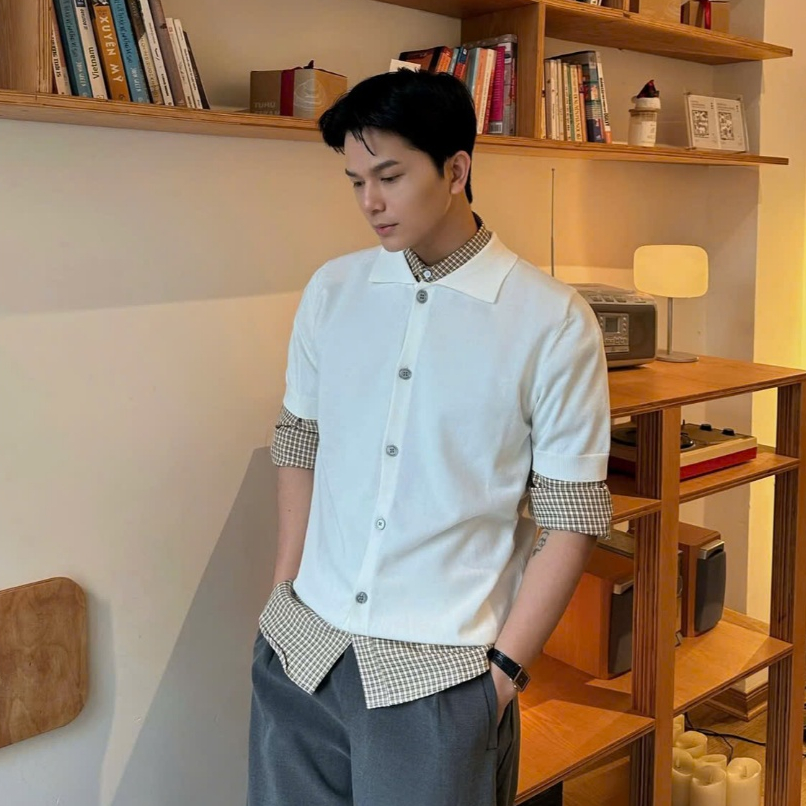 Áo sơ mi len nam sợi dệt Acrylic-cotton blend, form oversized, bền bỉ, không dão, không co, bản cổ lớn Halley E33