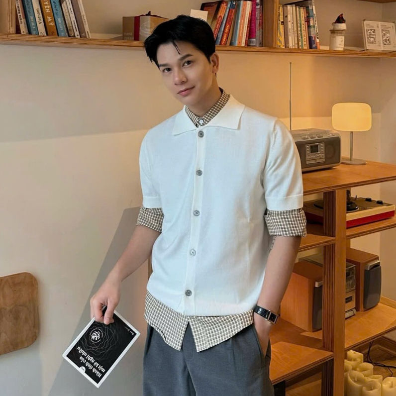 Áo sơ mi len nam sợi dệt Acrylic-cotton blend, form oversized, bền bỉ, không dão, không co, bản cổ lớn Halley E33