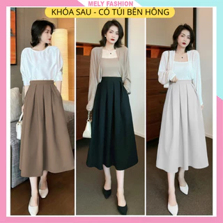 Chân váy xếp ly dáng dài Mely Fashion dài qua gối dáng xòe che bụng mỡ tôn dáng có túi đi làm đi chơi bigsize CV51-01