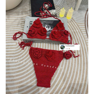 set bikini len hoa hồng quyến rũ màu be đậm